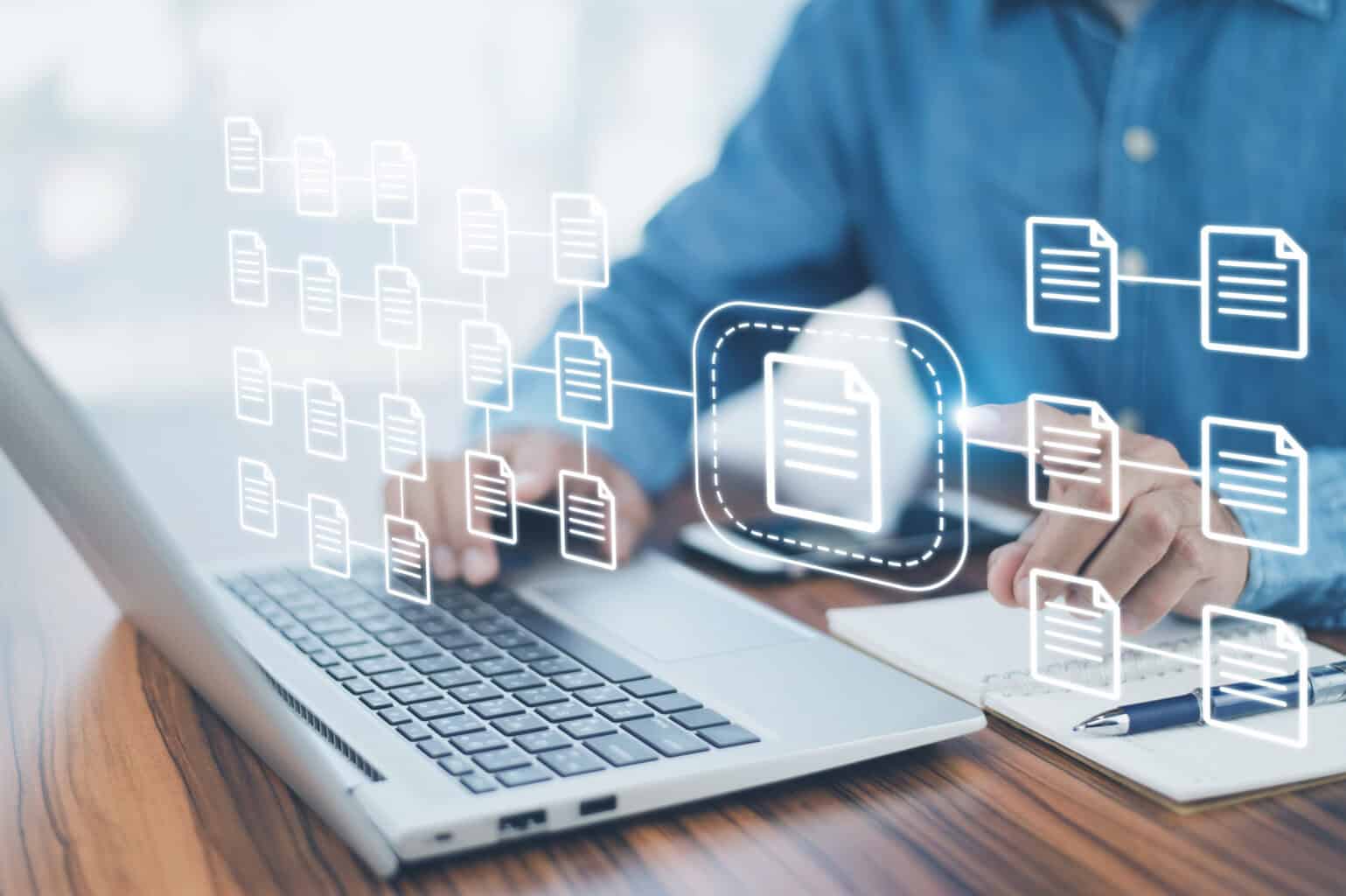Document management concept, Businessman using computer to docu Document management concept, Businessman using computer to document management concept, online documentation database and digital file storage system or software, records keeping, database technology