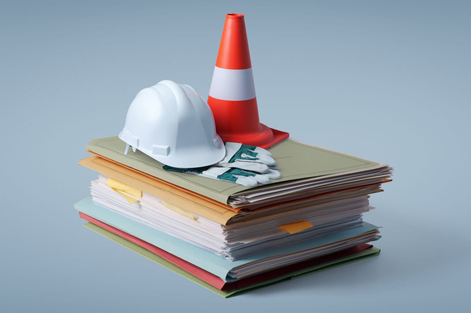 Stapel von Papierkram und Arbeitsgeräten Pile of paperwork, safety equipment and work tools: construction and renovation concept